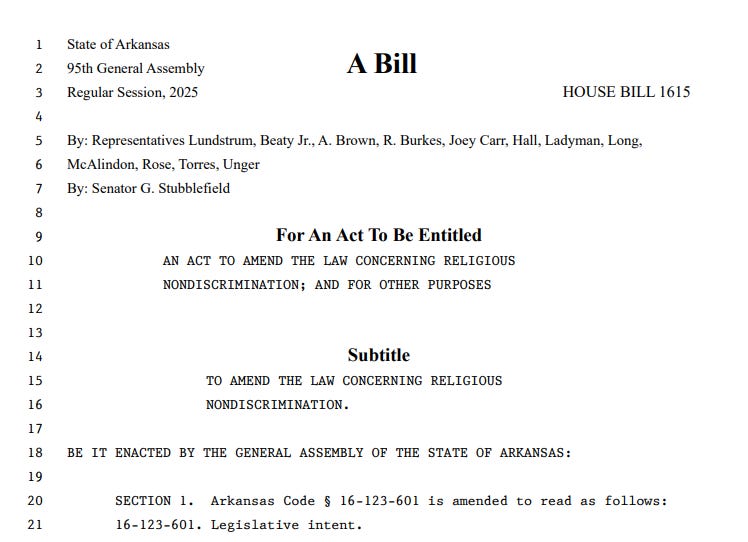 Arkansas House Bill HB1615 Redefines Gender Under "Religious Nondiscrimination" Protections Act